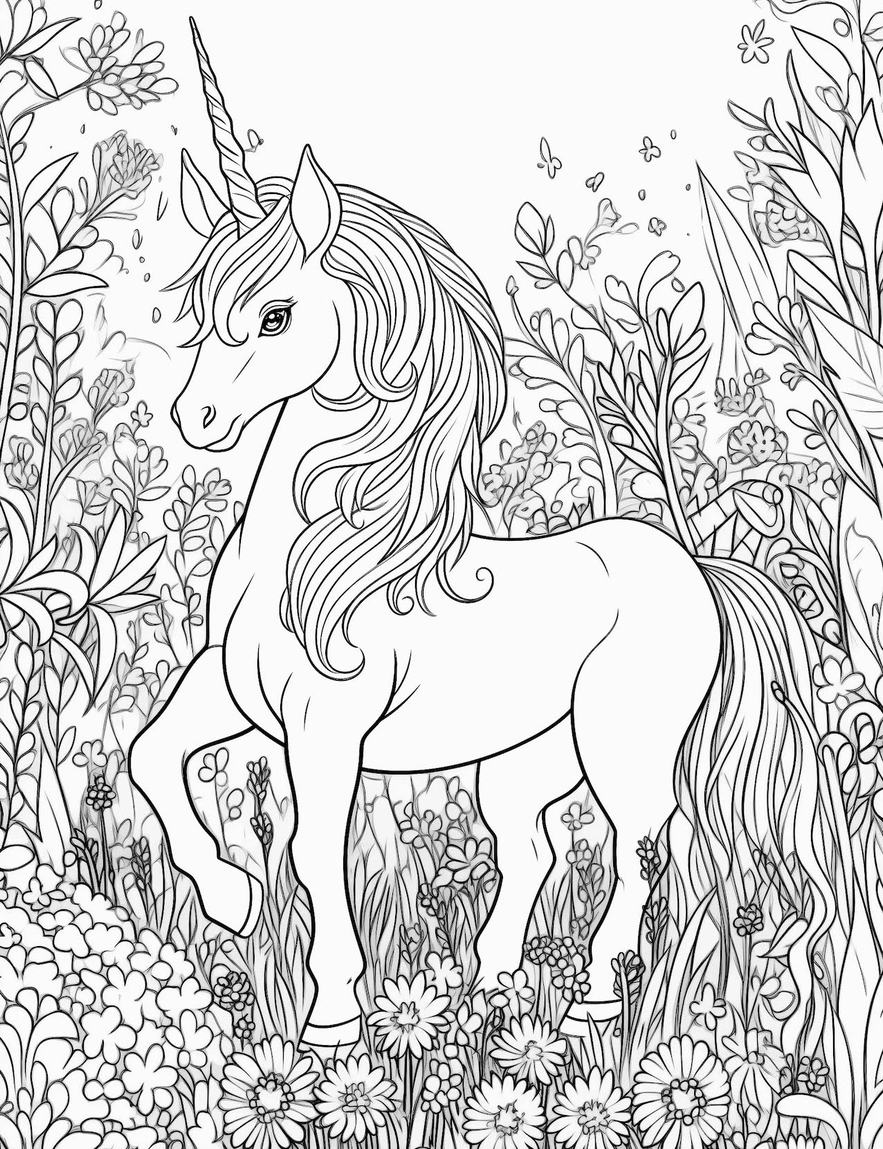 Unicorn among spring flowers coloring page